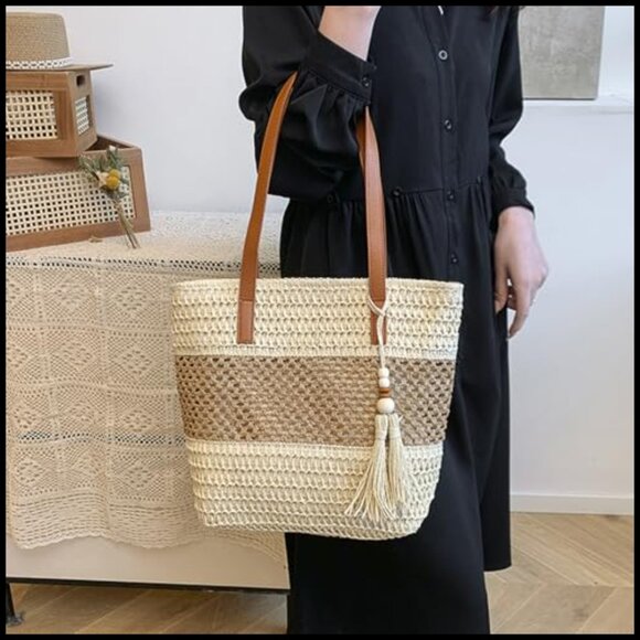 Straw Tote Handbag Handwoven Shoulder Bag Beach Summer Tassels Large Capacity - Picture 2 of 7